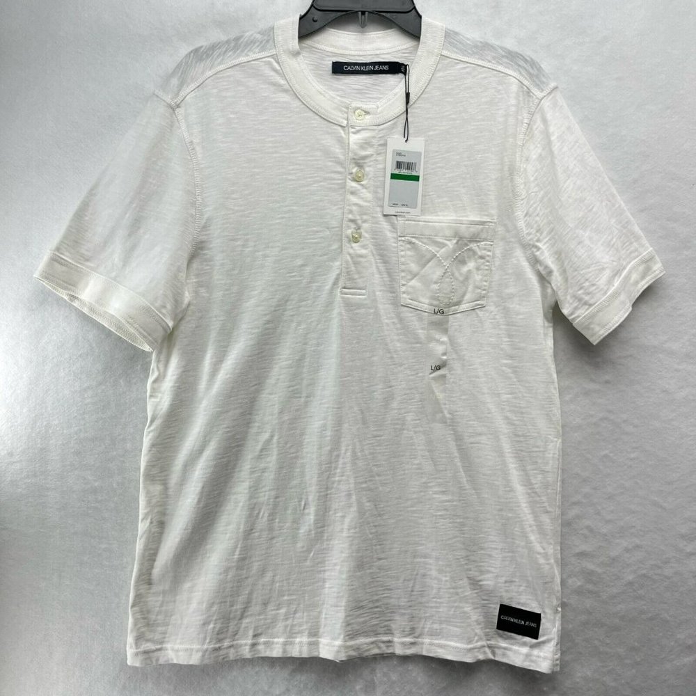 Calvin Klein Shirt Men's Sz L Brilliant White Henley 3-Button Rib Knit Crew Neck